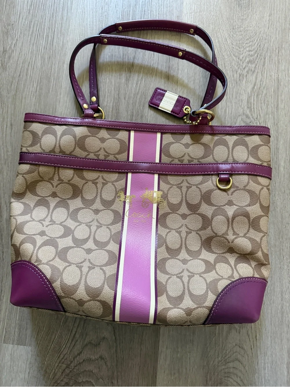Coach Signature Canvas Tote with Purple Trim